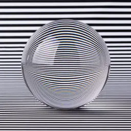 A glass sphere distorts black and white stripes, creating a mesmerizing optical illusion art piece.