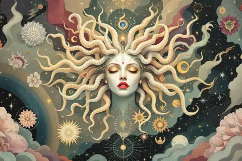 A celestial Medusa, a stunning piece of Greek mythology art, with serpentine hair swirling amidst stars and cosmic flowers.