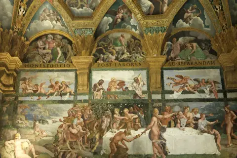 A grand fresco depicting the fall of the giants, with gods battling monstrous figures amidst clouds and celestial scenes.