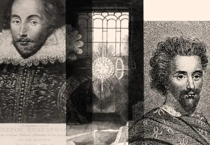 A collage featuring a portrait of William Shakespeare, a window with a sunburst, and a portrait of Christopher Marlowe.