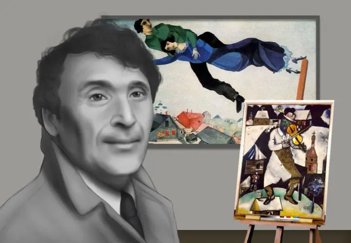 A portrait of the famous Marc Chagall with two of his iconic paintings, one depicting a couple flying over a village, and another of a violinist in a snowy landscape.
