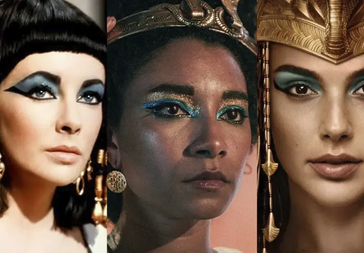 Three striking portraits of Cleopatra, showcasing her iconic eye makeup and regal headdresses.