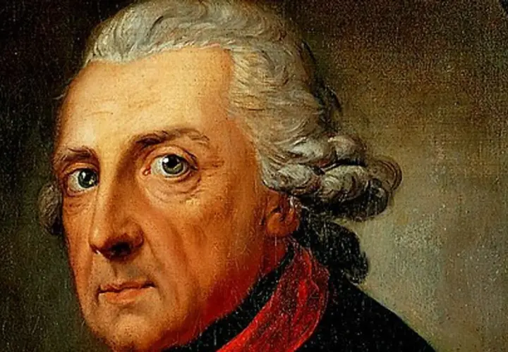 A striking portrait of Frederick the Great, his piercing gaze and powdered wig hinting at his regal presence.