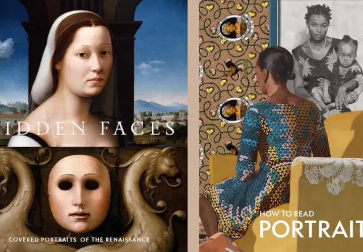 Collage of book covers: "Hidden Faces" features Renaissance portraits. "How to Read Portraits" shows a modern woman and a family portrait.