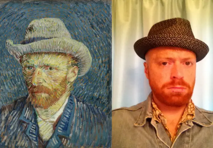 A split image: Van Gogh's self portrait in a straw hat on the left, and a modern man in a similar hat on the right.