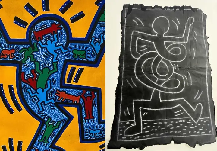 Two contrasting pieces of Keith Haring subway art. One is a vibrant, colorful depiction of figures and dogs, while the other is a stark, chalk-like drawing on black paper.
