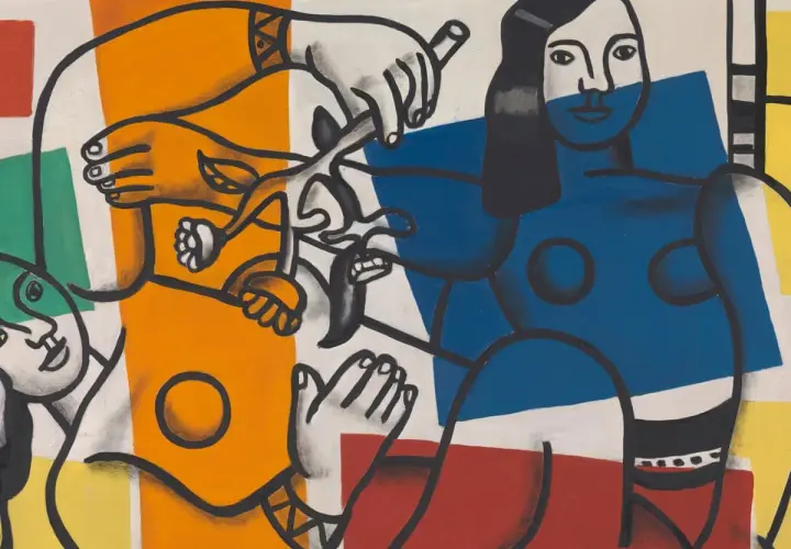 A vibrant scene from Fernand Léger paintings, featuring bold figures in primary colors, interacting with a flower.