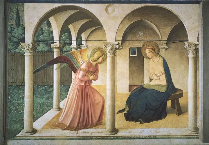 Annunciation fresco painting: Angel Gabriel kneels before the Virgin Mary, announcing her divine pregnancy.