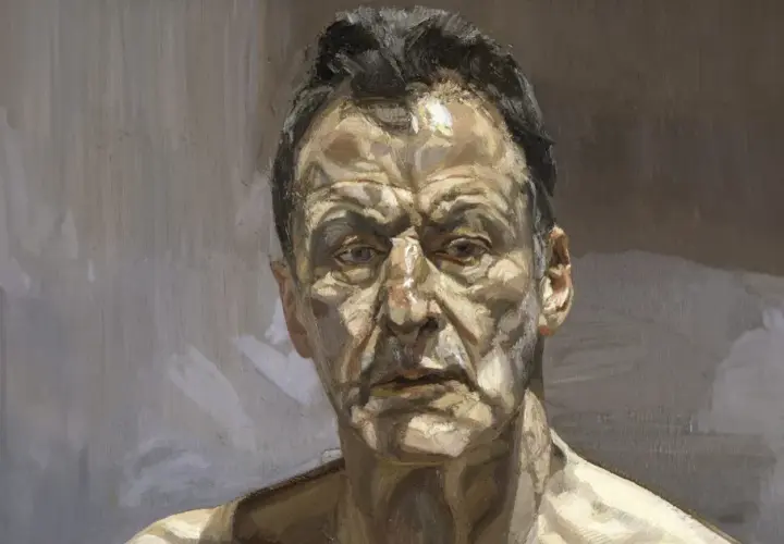 A striking portrait of Sigmund Freud, his face rendered with bold brushstrokes and dramatic chiaroscuro, revealing the depth of his psychological insights.