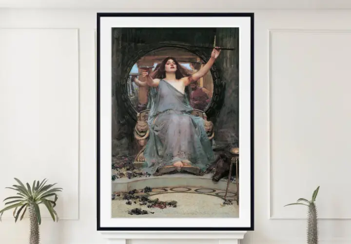 Circe, a sorceress, offers a cup to Ulysses, her gaze alluring as she holds a wand. A boar lies at her feet.