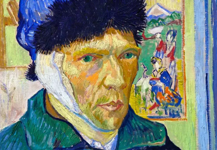 Van Gogh's self portrait with bandaged ear, his intense green eyes gaze out from a face painted with bold strokes.