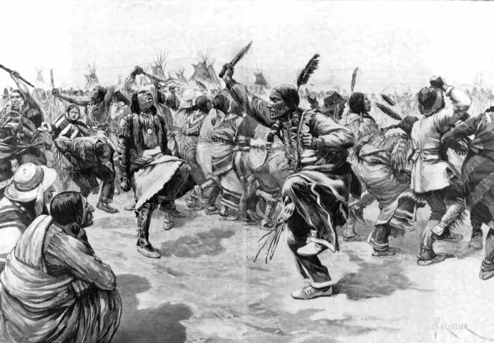 Native Americans in traditional attire perform a spiritual dance, with feathered headdresses and symbolic movements evoking the Ghost Dance tradition.