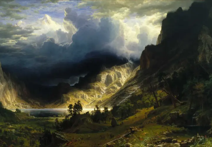 A dramatic mountain valley with a lake, showcasing the sublime style of famous landscape artists.