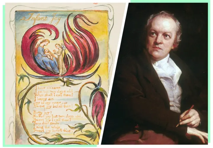 A split image: on the left, William Blake's "Infant Joy" illustration with a mother and child; on the right, a William Blake portrait of the artist himself, holding a quill.