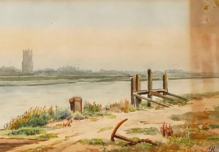 A watercolor painting, possibly Hitler's artwork, depicts a serene river scene with a distant tower and a rustic dock.