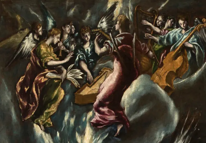 Angels play music in the heavens, a scene that captures the spiritual el greco meaning.