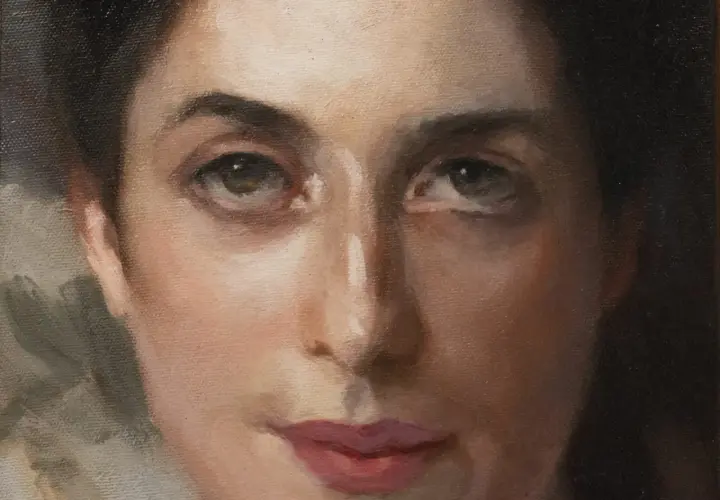 A close-up oil painting of Lady Agnew of Lochnaw's face, focusing on her eyes and lips.