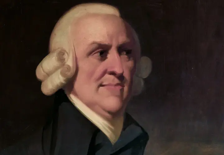 An Adam Smith portrait shows the economist with powdered wig and dark coat, looking thoughtfully to the side.