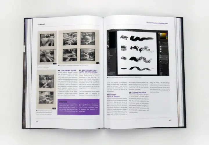 Book page showing digital painting tutorials, with sketches and Photoshop interface. The composition in art is explored through layout studies and brushwork.