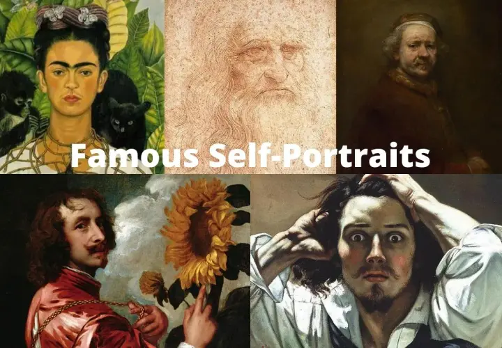 A collage of famous self-portraits, including Frida Kahlo with monkeys and a cat, Leonardo da Vinci's sketch, Rembrandt, and a dramatic self-portrait with hands on head.