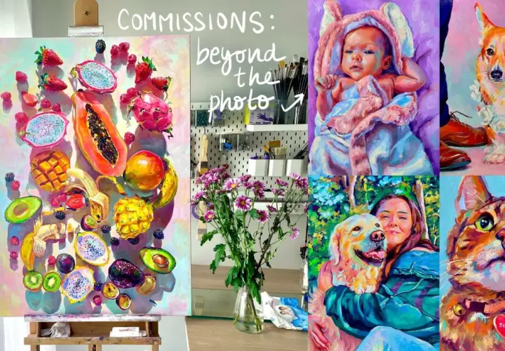 Vibrant paintings of a baby, dog, cat, woman with dog, and fruit display the work of unique portrait artists.