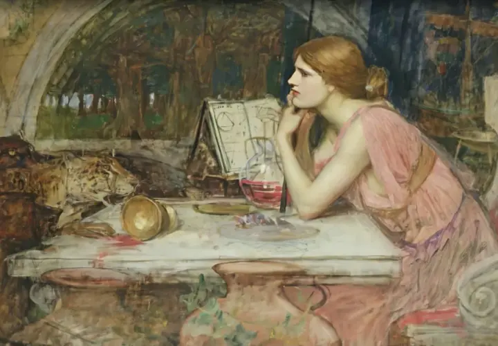 A pensive woman in a pink dress, likely Circe, gazes into the distance in this painting. She rests her chin on her hands, surrounded by alchemical tools and a mysterious red liquid.