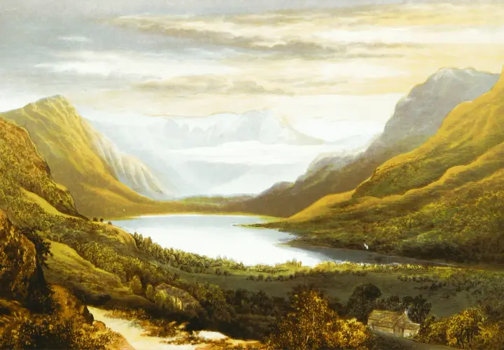 A serene lake nestled between golden, sun-drenched mountains. The artist masterfully uses light and shadow to create a peaceful tone in this landscape.