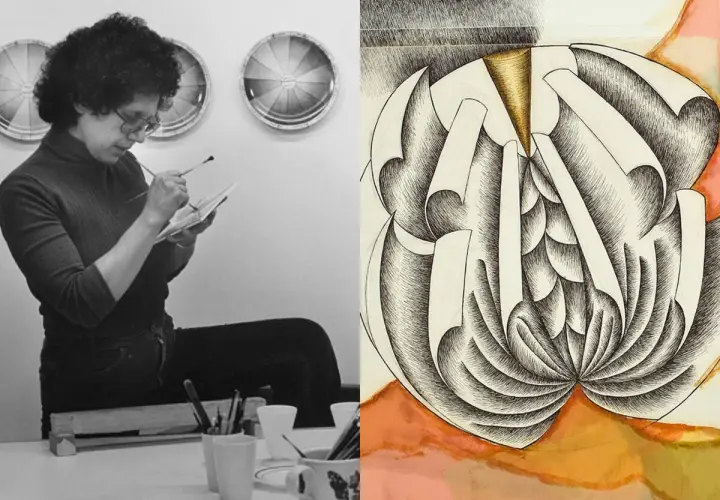A woman paints, embodying the spirit of the feminist art movement. Beside her, a detailed drawing of a stylized, organic form.