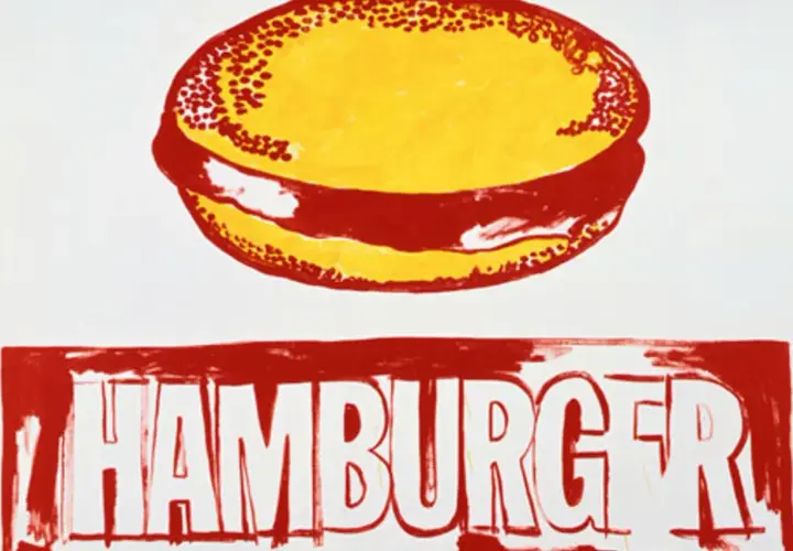 Andy Warhol's iconic pop art hamburger, rendered in bold red and yellow, with the word "HAMBURGER" emblazoned below.