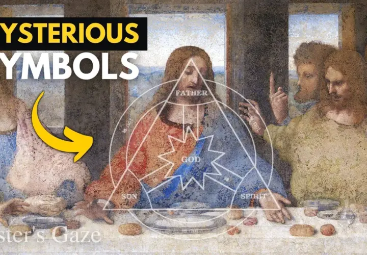 Leonardo da Vinci's painting of the Last Supper, overlaid with geometric symbols and text about "Mysterious Symbols.