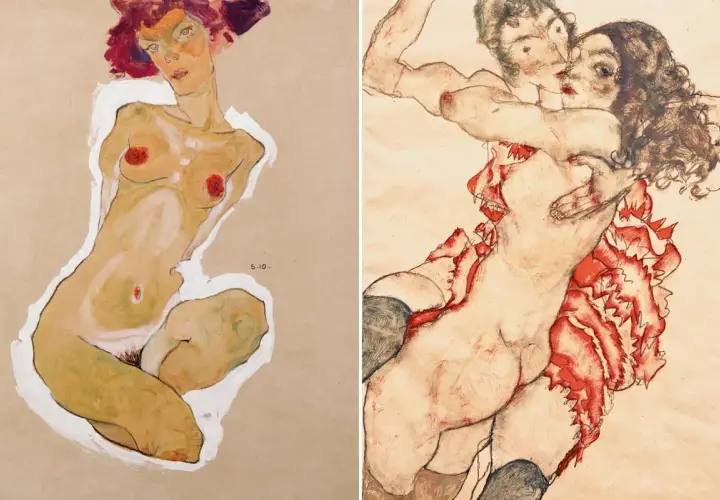 Two expressive Egon Schiele nudes, one a solitary figure, the other a passionate embrace, showcase his distinctive style.