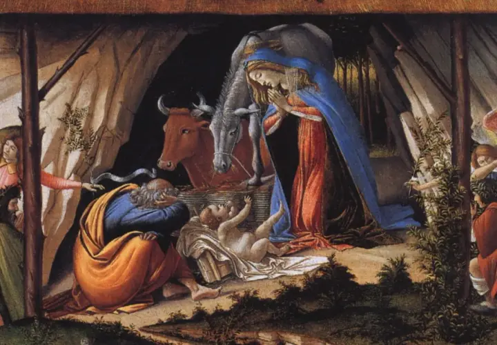 A classic nativity scene, one of many nativity paintings by famous artists, depicts Mary, Joseph, and angels gathered around the infant Jesus in a humble stable.