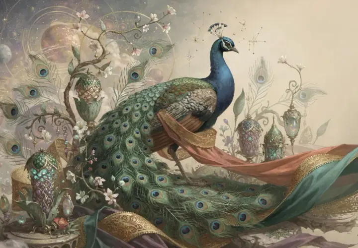 A majestic peacock, symbolizing beauty and royalty, stands amidst celestial clouds, ornate lanterns, and blooming branches.