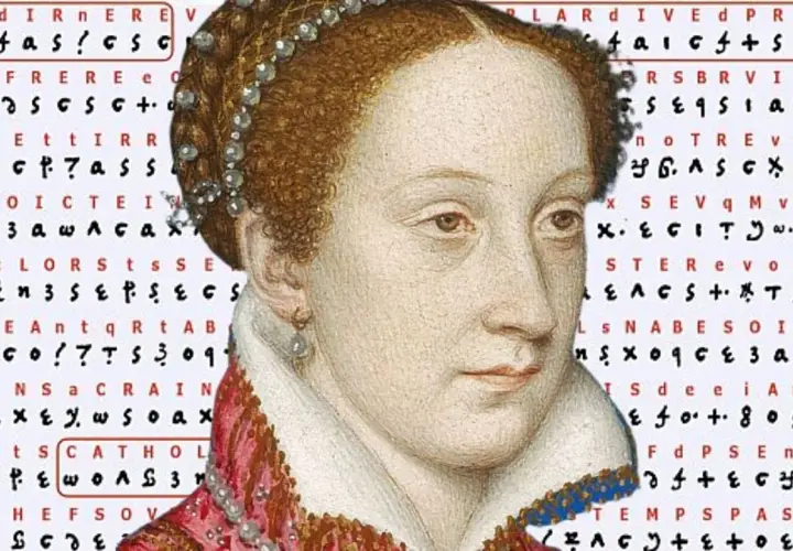 A portrait of Mary, Queen of Scots, with a background of cryptic text, hinting at her complex life and secrets.
