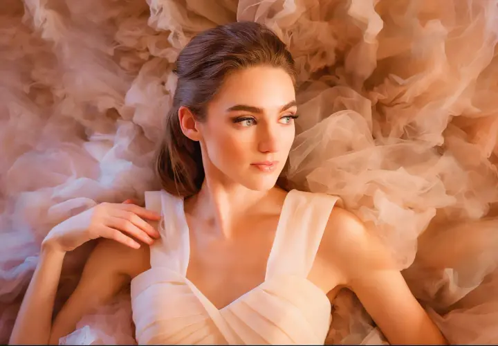 A beautiful woman in a flowing gown, captured in a dreamy fine art portrait photography style, surrounded by soft, ethereal fabric.