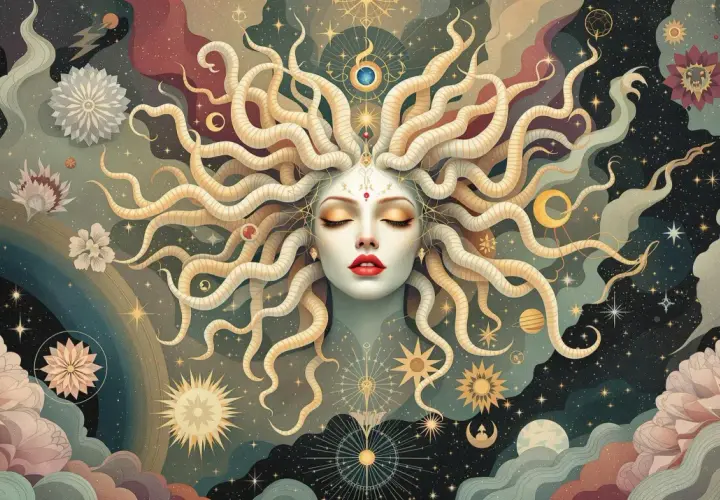 A celestial Medusa, a stunning piece of Greek mythology art, with serpentine hair swirling amidst stars and cosmic flowers.