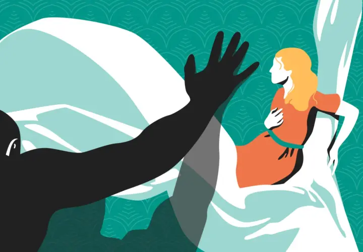 A dark silhouette of Othello reaches out, his hand a shadow over the pale figure of Desdemona, who looks away in distress.