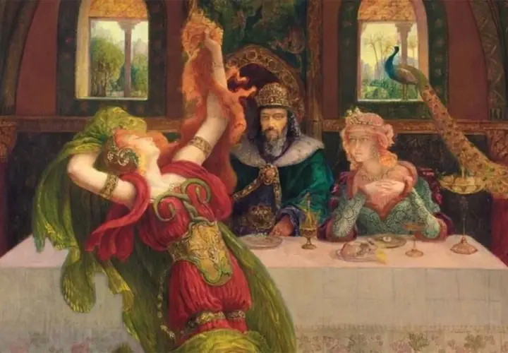 Salome dancing before Herod, her red dress and green veil swirling. Herod and his wife watch, a peacock nearby.