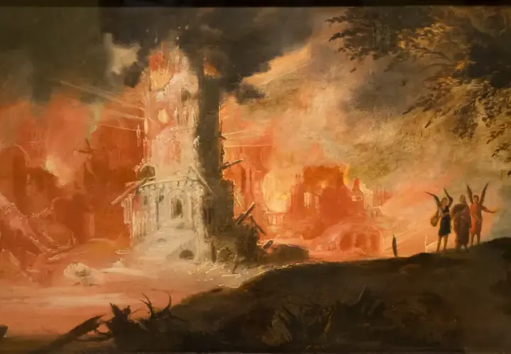 Painting of the destruction of Sodom and Gomorrah. Angels watch as fire engulfs the city, leaving behind ruins and smoke.