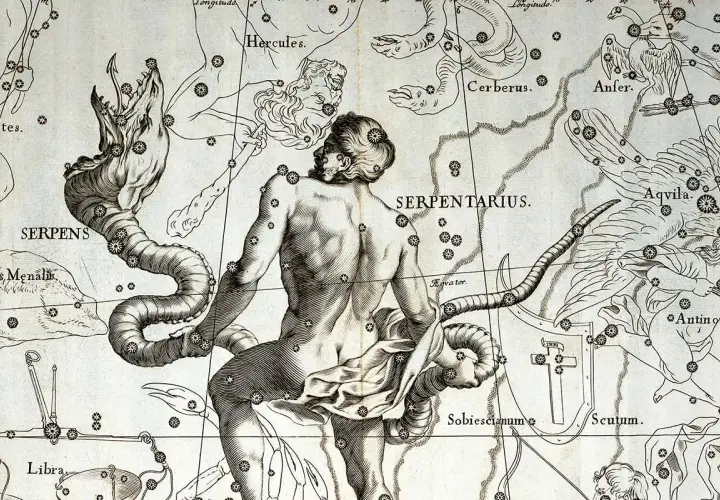 An antique celestial map depicts Serpentarius wrestling a serpent, surrounded by other medieval zodiac signs like Hercules and Aquila.