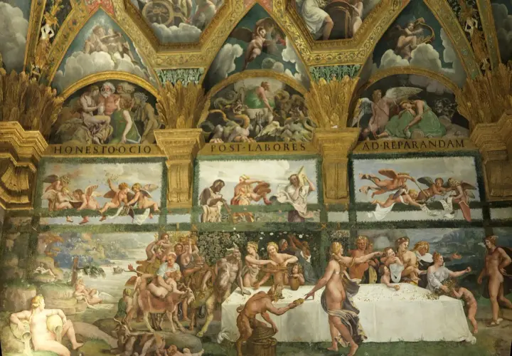 A grand fresco depicting the fall of the giants, with gods battling monstrous figures amidst clouds and celestial scenes.