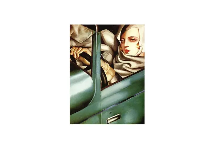 A striking self-portrait of a woman driving a sleek, green Bugatti. Her gaze is intense, her red lips bold, and her hands confidently grip the steering wheel.