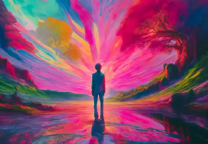 A lone figure stands in a vibrant, surreal landscape. The sky explodes with color, reflecting in the water below. This surrealism art captures the essence of nature transformed.