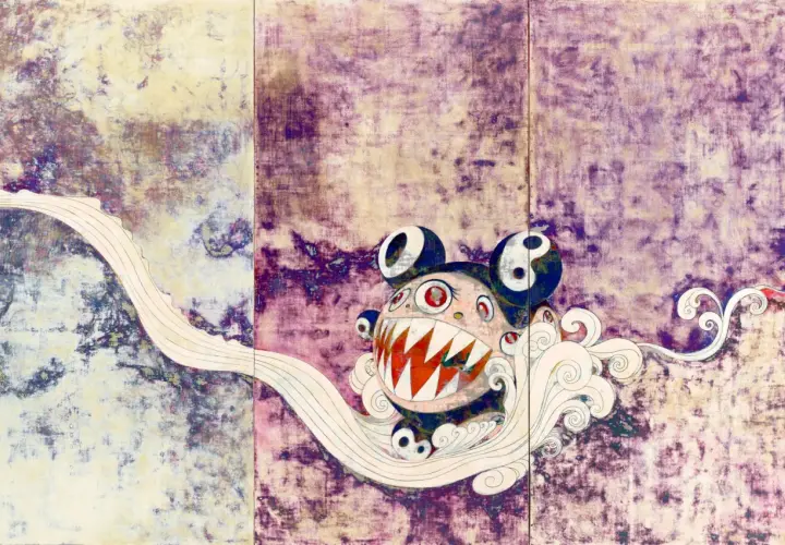 A cartoonish creature with sharp teeth and yin-yang eyes, set against a textured, purple and yellow background, embodies pop art characteristics with its bold imagery and vibrant colors.