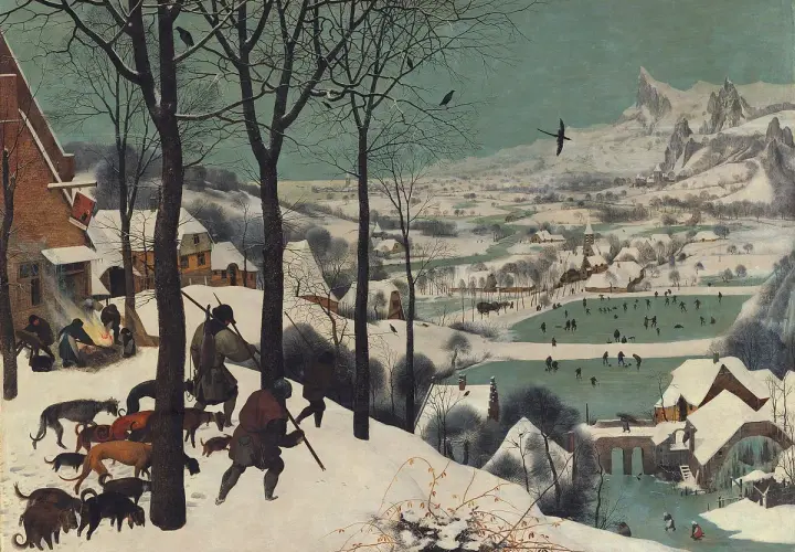 The hunters in the snow return to a village, their dogs leading the way. A frozen pond bustles with skaters in the distance.