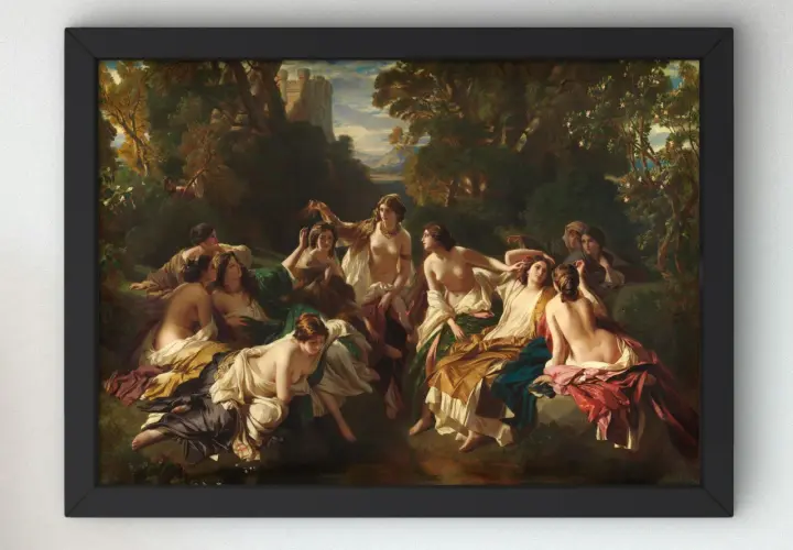 A group of nymphs relax by a stream in a lush forest, a castle visible in the background, in this painting by Franz Xaver Winterhalter.