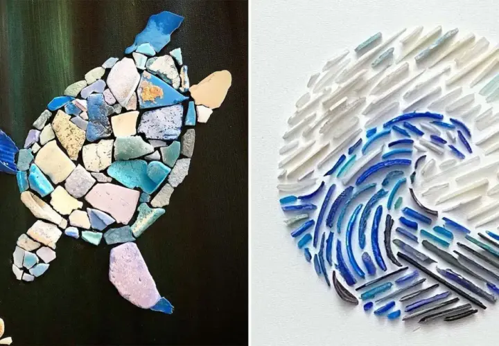 Found object art: a mosaic turtle on a dark background and a circular wave made of broken glass pieces.
