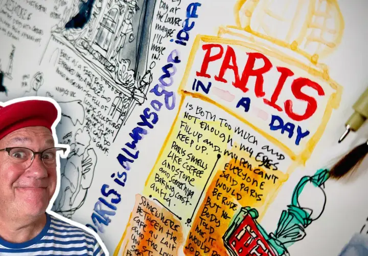 A man in a red beret smiles, surrounded by sketches of Paris. Early drawings like these were vital for documenting and understanding the world, showing why was drawing so important early on in history.