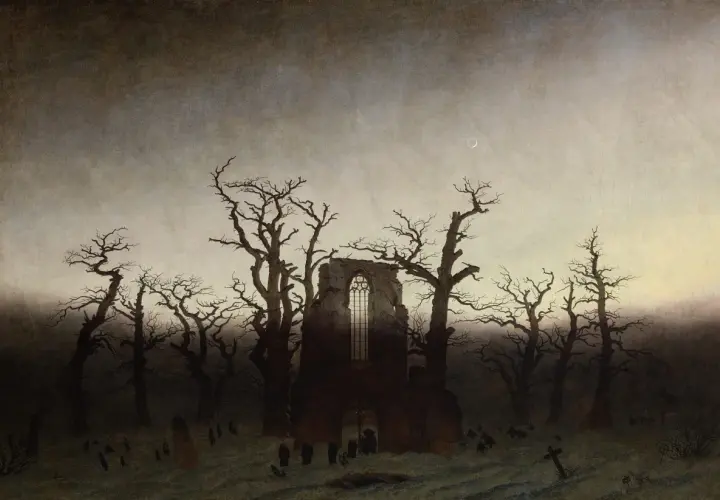 A graveyard with skeletal trees and a ruined abbey, bathed in an eerie twilight. This is a prime example of gothic romanticism art, evoking a sense of melancholy and the sublime.