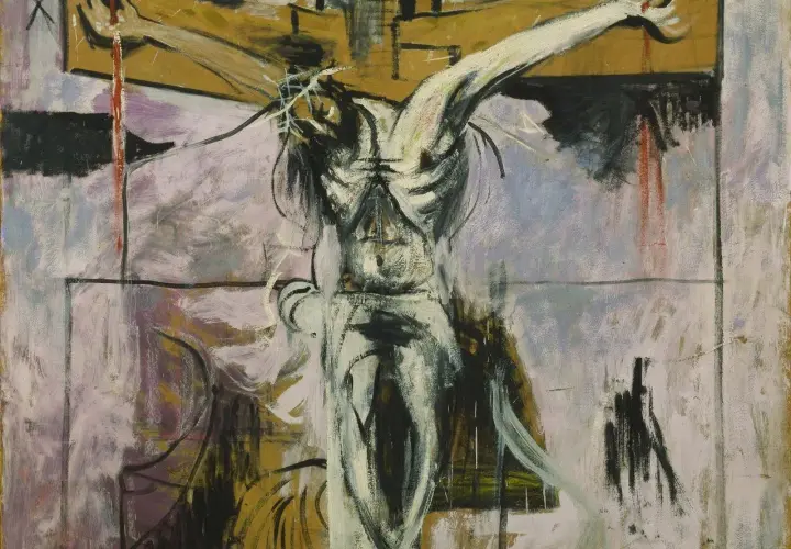 A stark, expressive holy week art painting depicts a crucified figure with raw brushstrokes and a crown of thorns.
